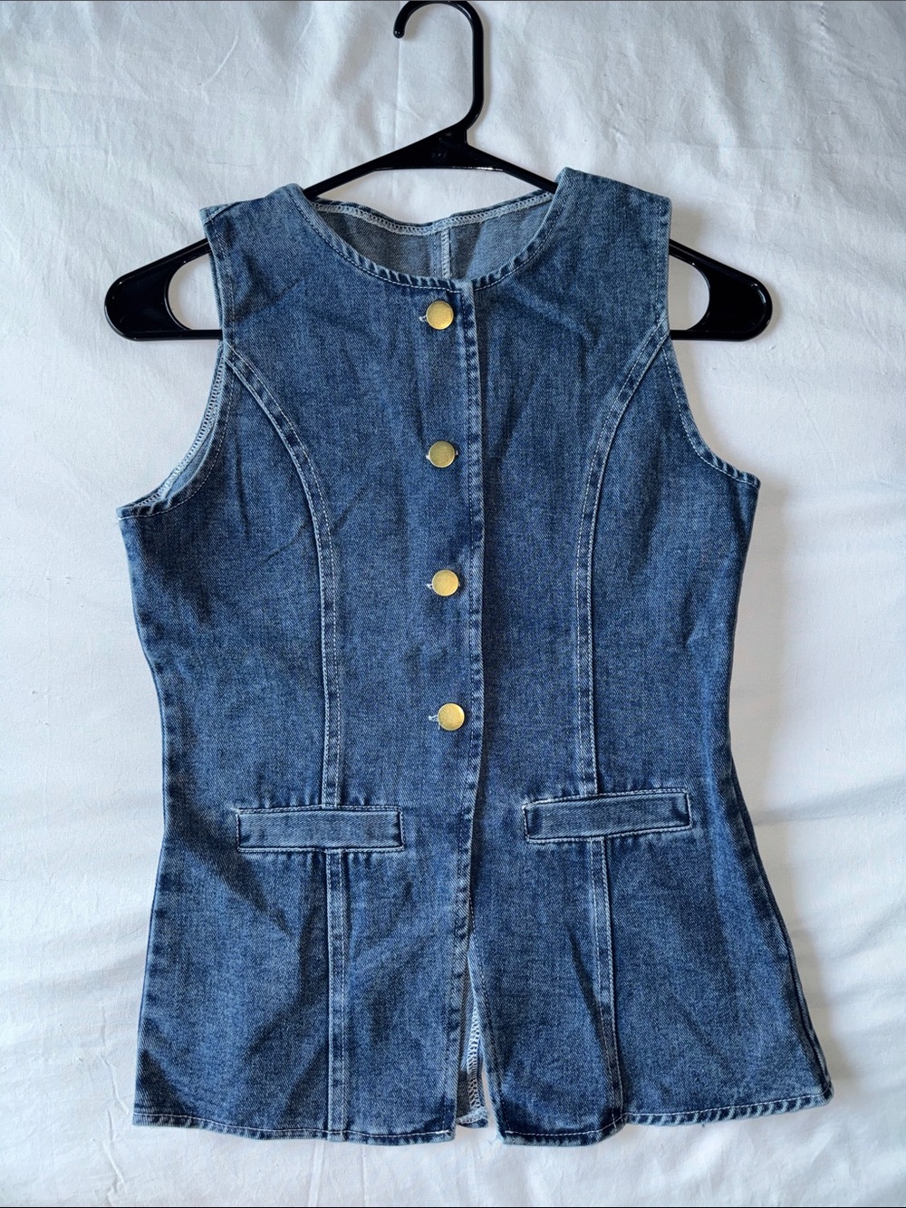 Amazon Sleeveless Denim Vest in Blue with Gold Buttons